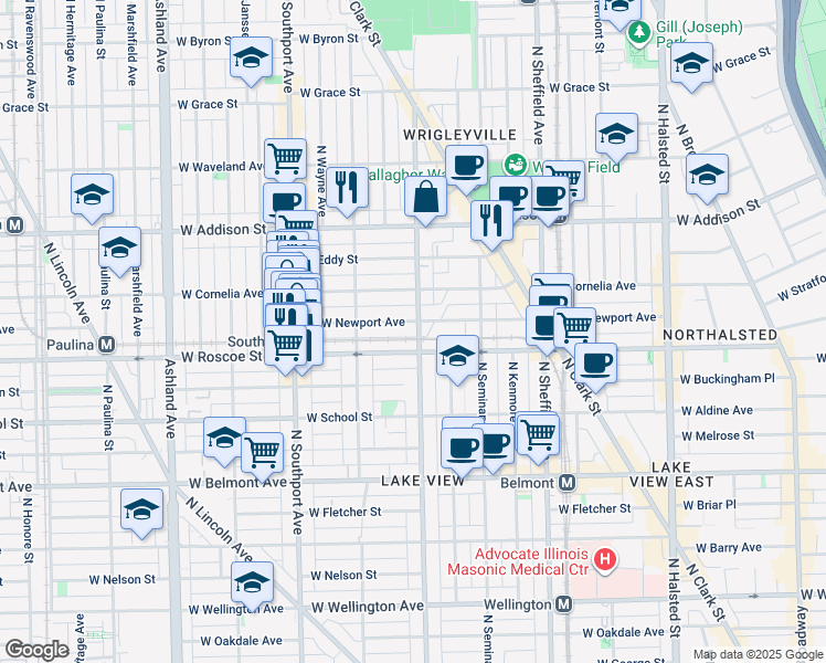 map of restaurants, bars, coffee shops, grocery stores, and more near 1220 West Newport Avenue in Chicago