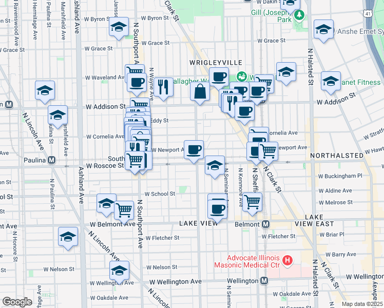 map of restaurants, bars, coffee shops, grocery stores, and more near 1220 West Newport Avenue in Chicago