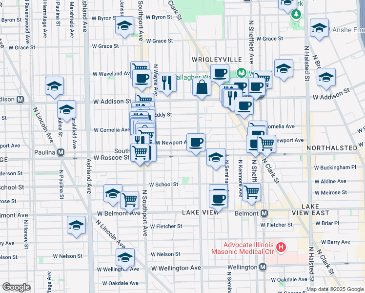 map of restaurants, bars, coffee shops, grocery stores, and more near 1220 West Newport Avenue in Chicago