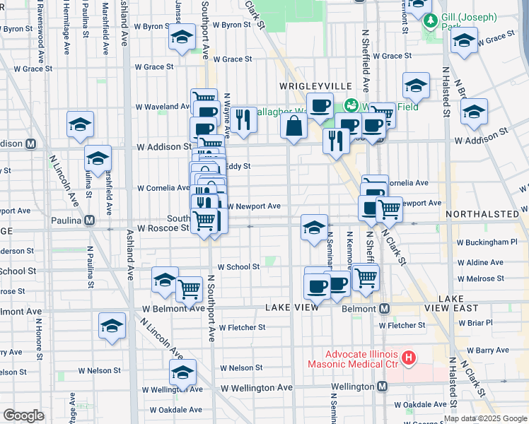 map of restaurants, bars, coffee shops, grocery stores, and more near 1220 West Newport Avenue in Chicago