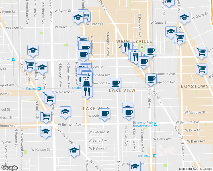 map of restaurants, bars, coffee shops, grocery stores, and more near 1220 West Newport Avenue in Chicago