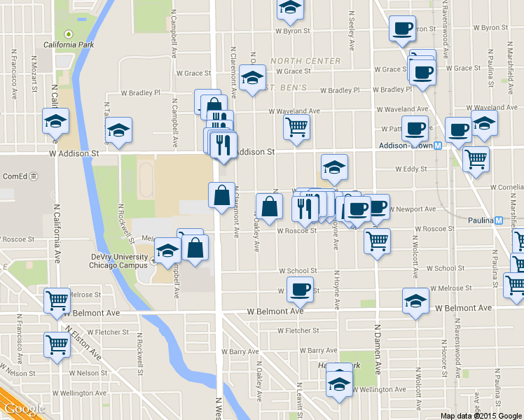 map of restaurants, bars, coffee shops, grocery stores, and more near 3445 North Oakley Avenue in Chicago