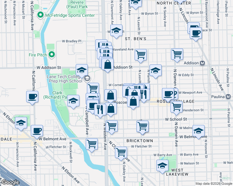 map of restaurants, bars, coffee shops, grocery stores, and more near 3444 North Claremont Avenue in Chicago