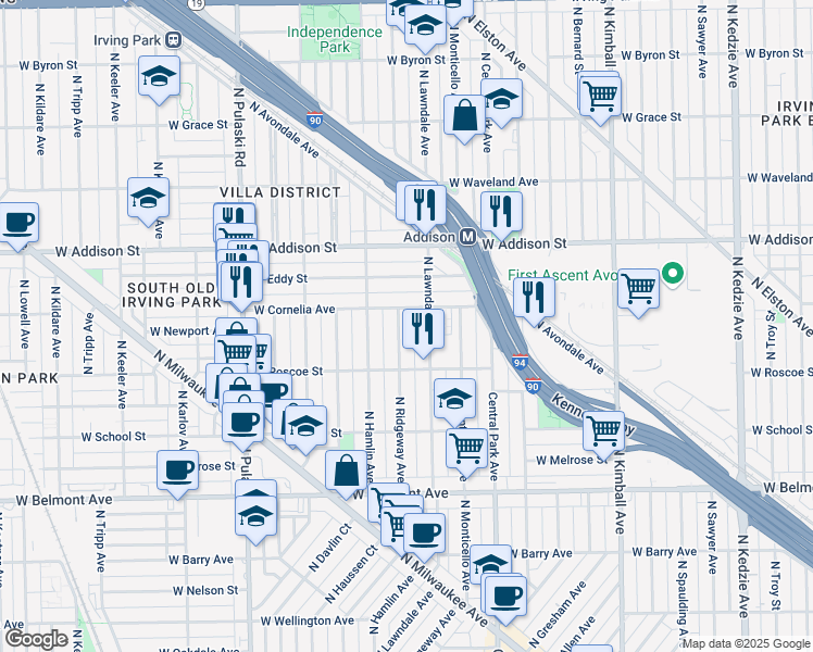 map of restaurants, bars, coffee shops, grocery stores, and more near 3737 West Cornelia Avenue in Chicago