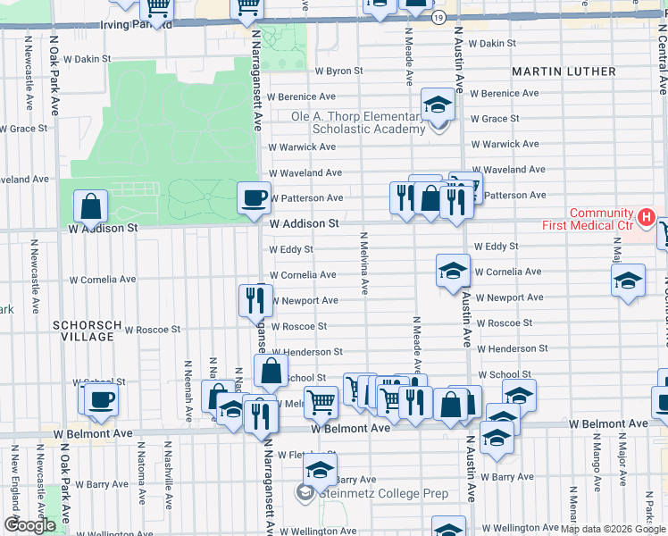 map of restaurants, bars, coffee shops, grocery stores, and more near 6245 West Eddy Street in Chicago