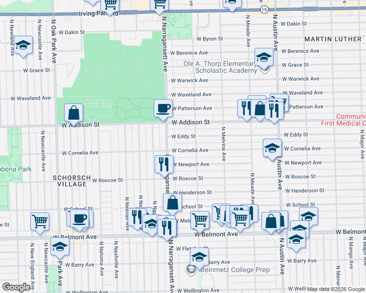 map of restaurants, bars, coffee shops, grocery stores, and more near 6317 West Eddy Street in Chicago