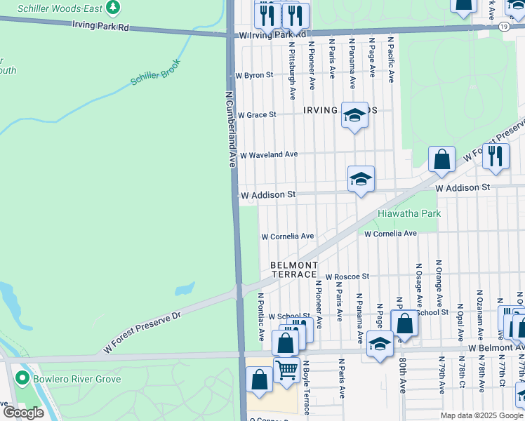 map of restaurants, bars, coffee shops, grocery stores, and more near 8355 West Addison Street in Chicago