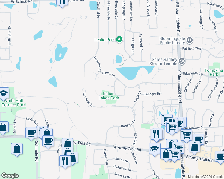 map of restaurants, bars, coffee shops, grocery stores, and more near 178 Bobwhite Court in Bloomingdale