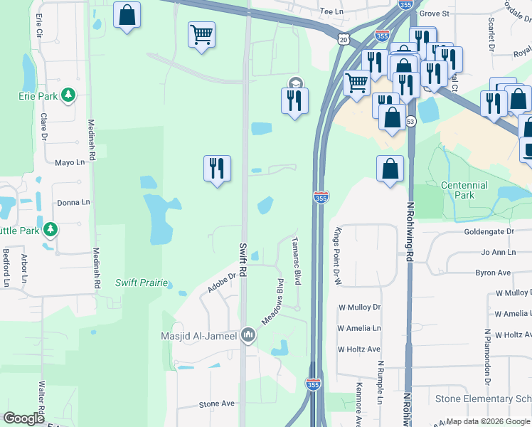 map of restaurants, bars, coffee shops, grocery stores, and more near in Addison