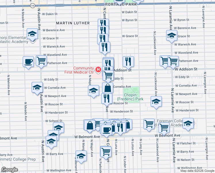 map of restaurants, bars, coffee shops, grocery stores, and more near 3504 North Central Avenue in Chicago