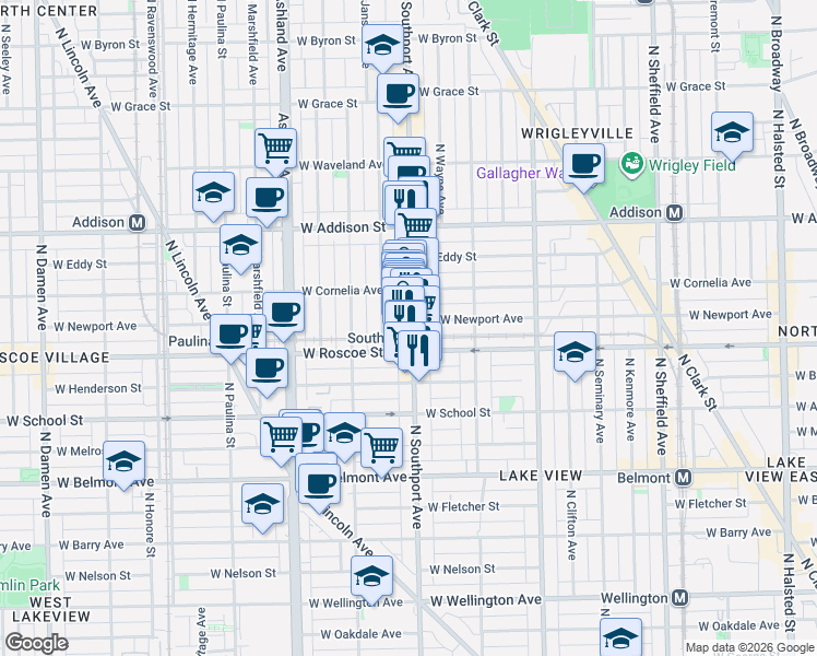 map of restaurants, bars, coffee shops, grocery stores, and more near 3424 North Southport Avenue in Chicago