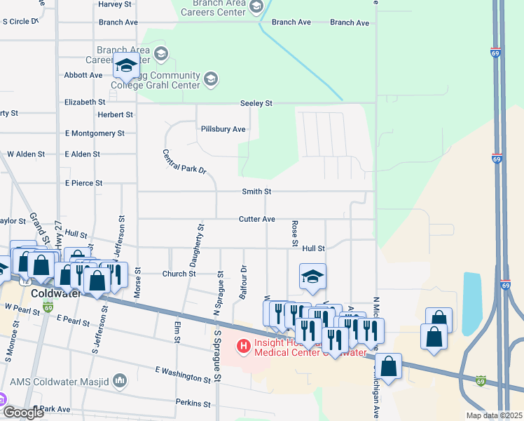 map of restaurants, bars, coffee shops, grocery stores, and more near 170 Smith Street in Coldwater