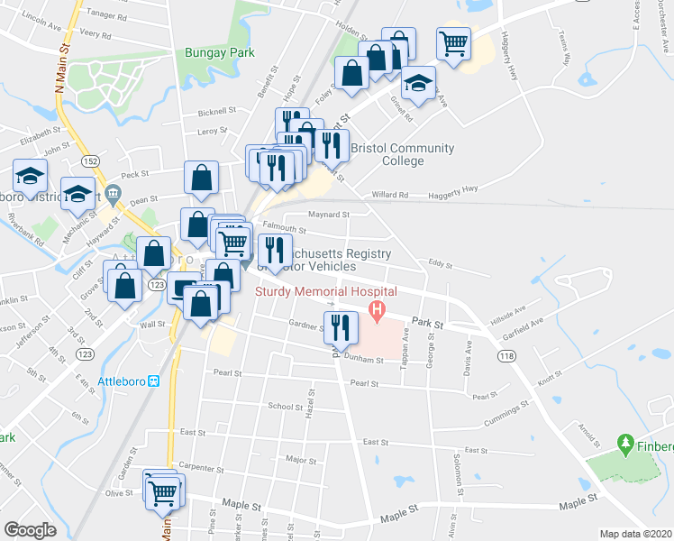 map of restaurants, bars, coffee shops, grocery stores, and more near 52 Emory Street in Attleboro