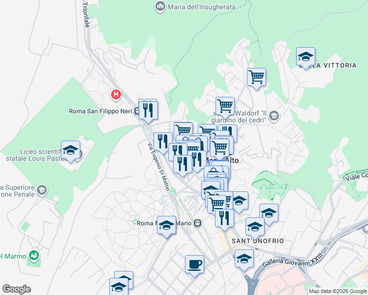 map of restaurants, bars, coffee shops, grocery stores, and more near 9 Via del Colle di Sant'Agata in Roma