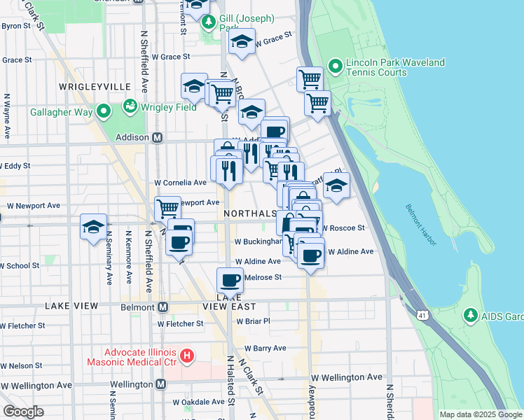 map of restaurants, bars, coffee shops, grocery stores, and more near 3421 North Elaine Place in Chicago