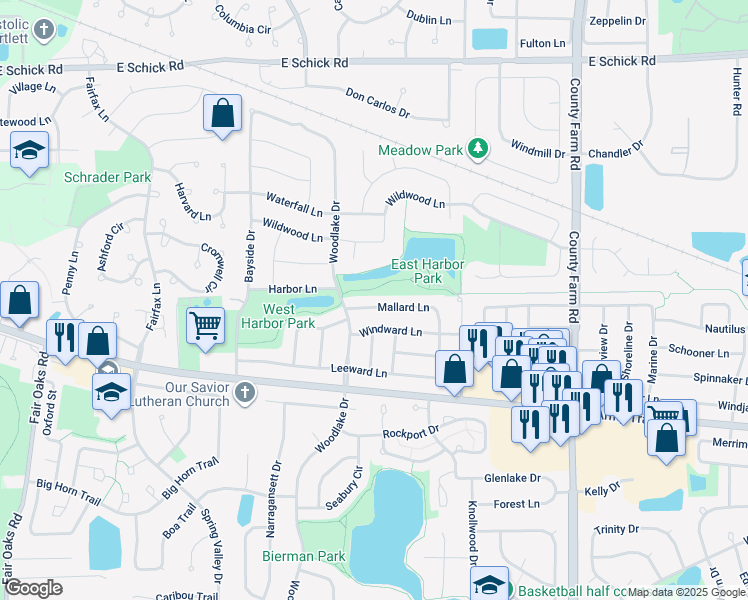 map of restaurants, bars, coffee shops, grocery stores, and more near 2174 Mallard Lane in Hanover Park