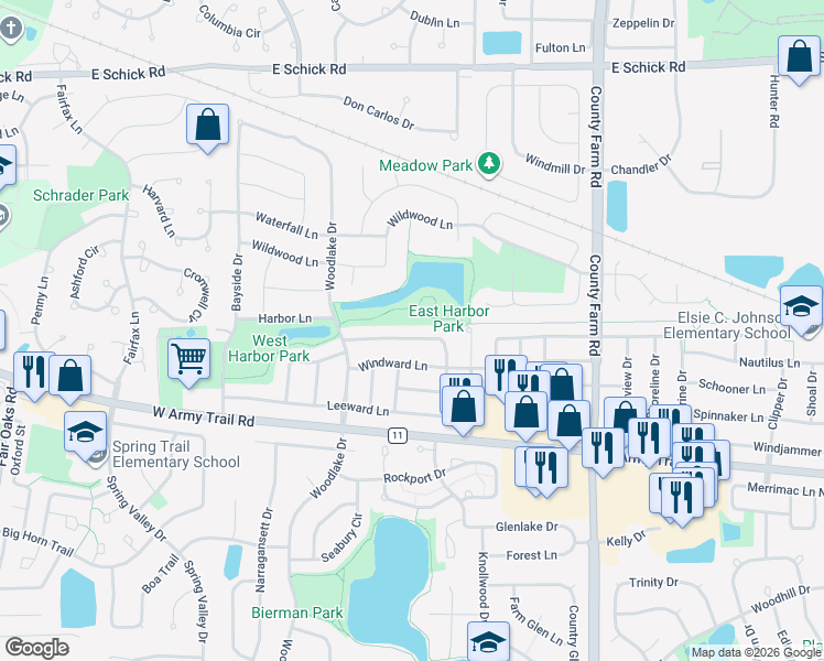 map of restaurants, bars, coffee shops, grocery stores, and more near 2114 Mallard Lane in Hanover Park