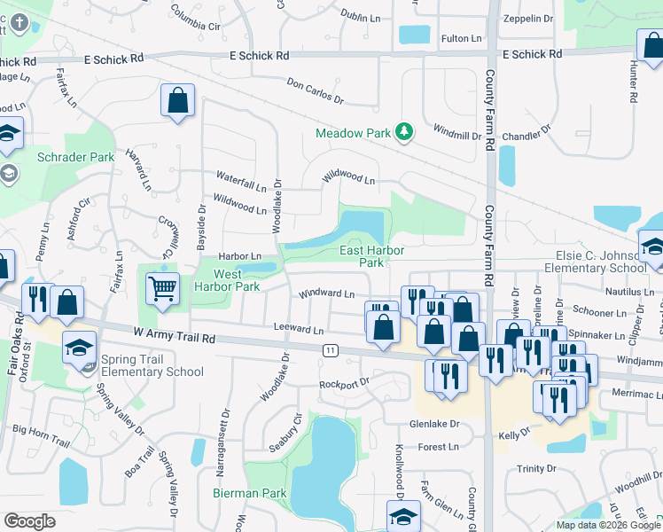 map of restaurants, bars, coffee shops, grocery stores, and more near 2114 Mallard Lane in Hanover Park