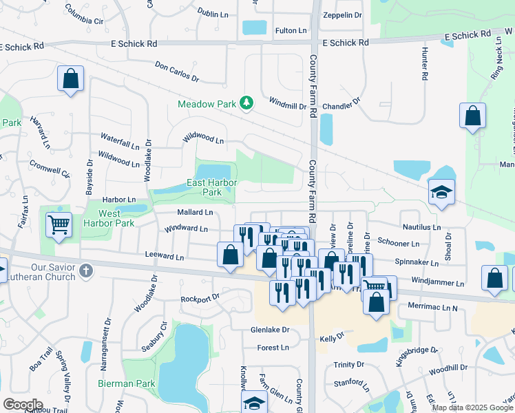 map of restaurants, bars, coffee shops, grocery stores, and more near 1889 Grosse Pointe Court in Hanover Park