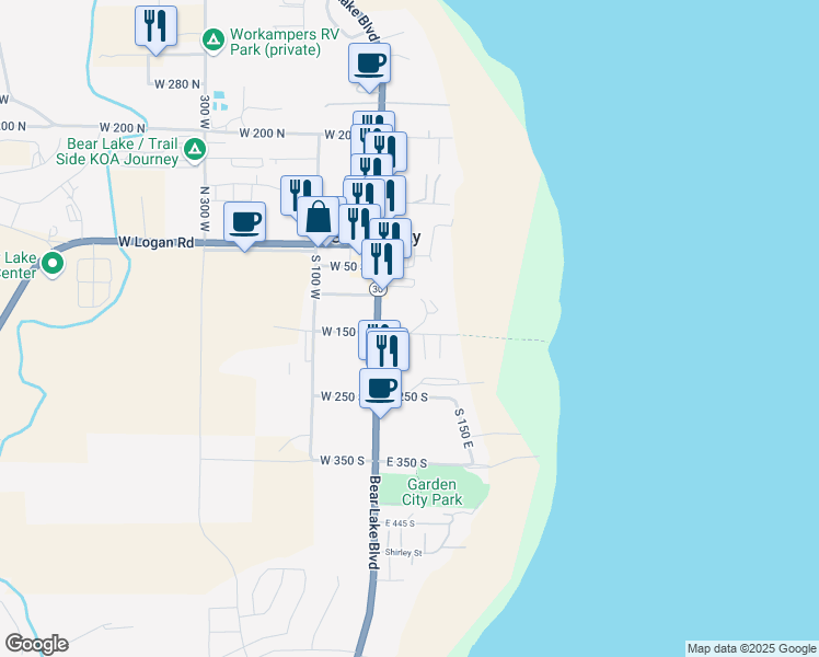 map of restaurants, bars, coffee shops, grocery stores, and more near 45 East 150 South in Garden City