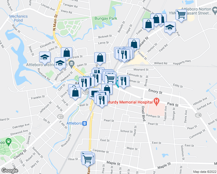 map of restaurants, bars, coffee shops, grocery stores, and more near in Attleboro