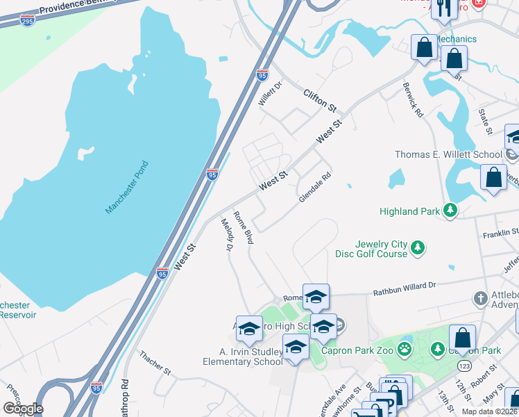 map of restaurants, bars, coffee shops, grocery stores, and more near 201 Glendale Road in Attleboro