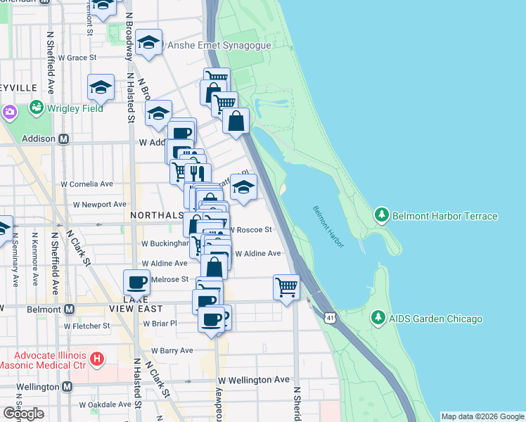map of restaurants, bars, coffee shops, grocery stores, and more near 523 West Hawthorne Place in Chicago