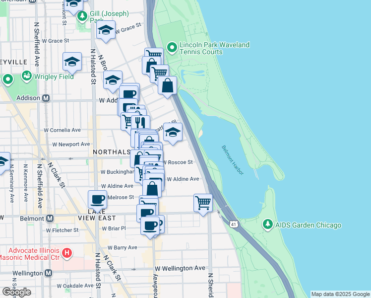 map of restaurants, bars, coffee shops, grocery stores, and more near 523 West Hawthorne Place in Chicago