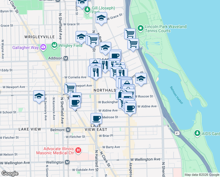 map of restaurants, bars, coffee shops, grocery stores, and more near 3421 North Elaine Place in Chicago