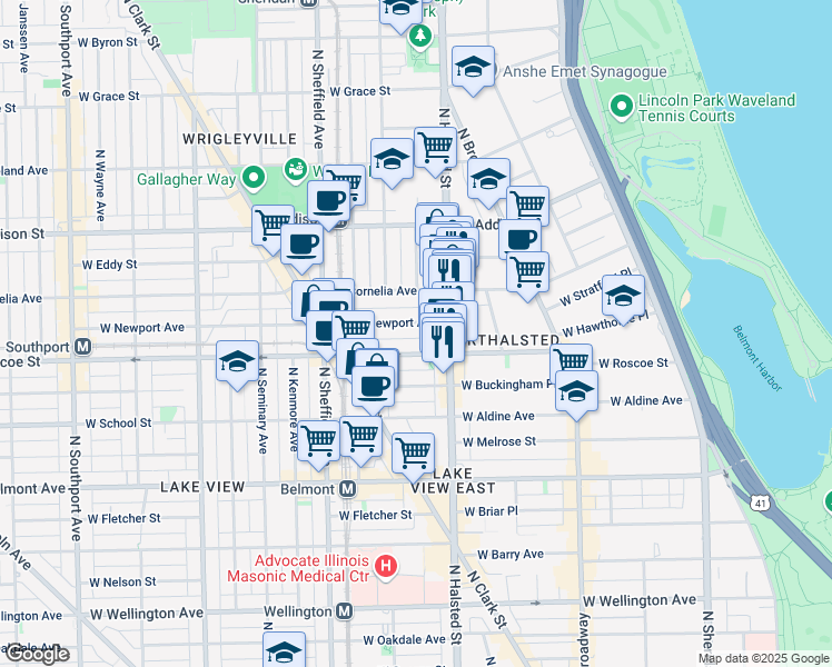 map of restaurants, bars, coffee shops, grocery stores, and more near 839 West Newport Avenue in Chicago