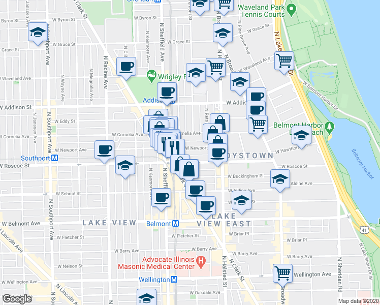 map of restaurants, bars, coffee shops, grocery stores, and more near 914 West Newport Avenue in Chicago