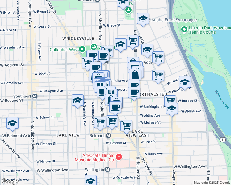 map of restaurants, bars, coffee shops, grocery stores, and more near 914 West Newport Avenue in Chicago