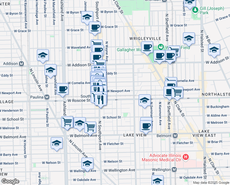 map of restaurants, bars, coffee shops, grocery stores, and more near 3433 North Lakewood Avenue in Chicago