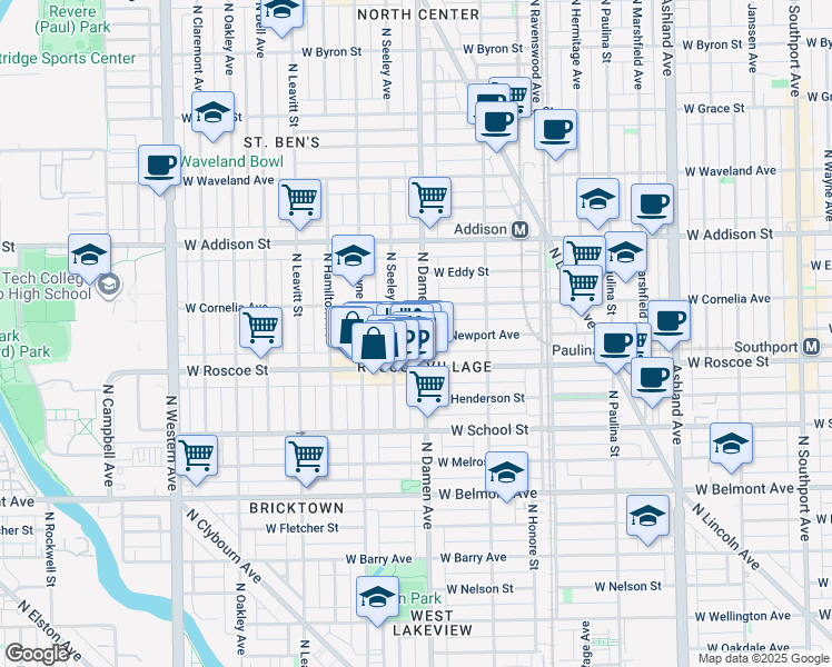 map of restaurants, bars, coffee shops, grocery stores, and more near 3443 North Seeley Avenue in Chicago