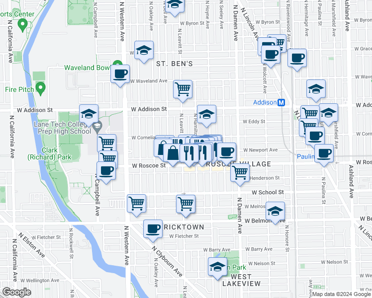 map of restaurants, bars, coffee shops, grocery stores, and more near 3444 North Hamilton Avenue in Chicago