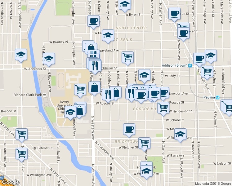 map of restaurants, bars, coffee shops, grocery stores, and more near 3445 North Oakley Avenue in Chicago