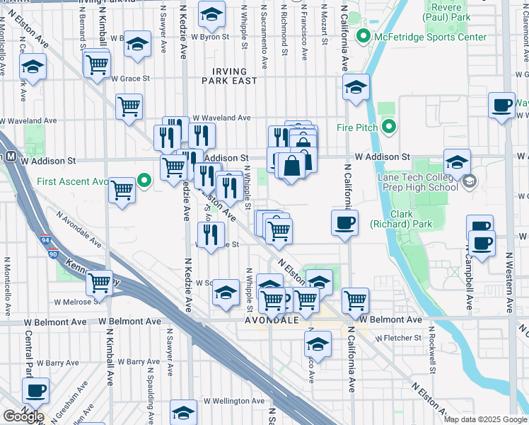 map of restaurants, bars, coffee shops, grocery stores, and more near 3012 West Newport Avenue in Chicago