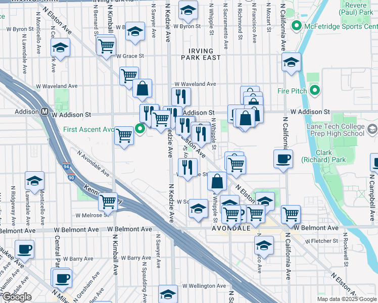 map of restaurants, bars, coffee shops, grocery stores, and more near 3451 North Troy Street in Chicago