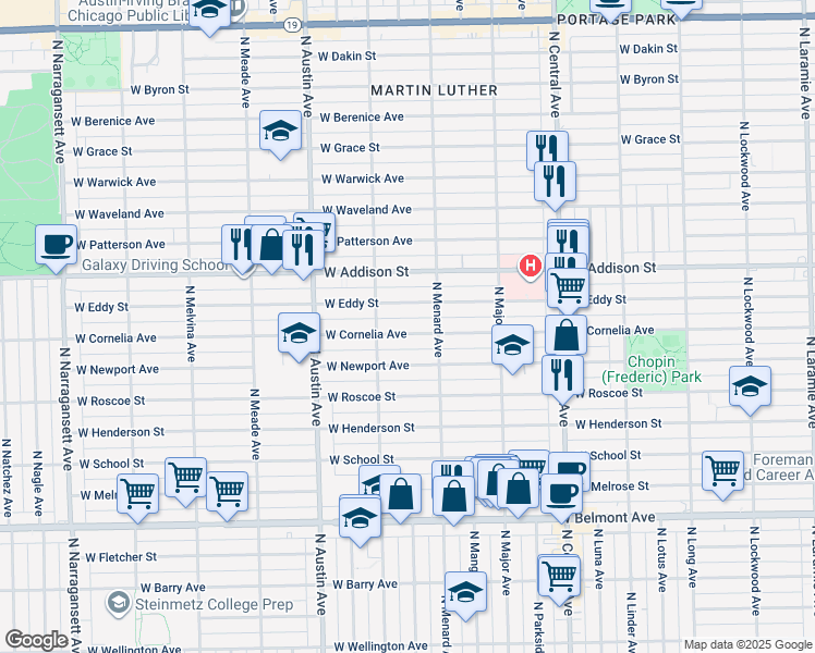 map of restaurants, bars, coffee shops, grocery stores, and more near 5821 West Eddy Street in Chicago