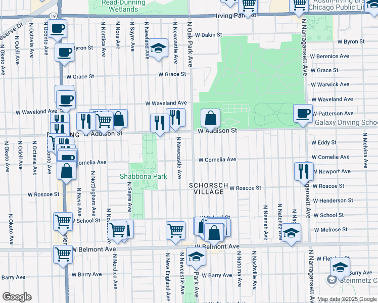 map of restaurants, bars, coffee shops, grocery stores, and more near 3526 North Oak Park Avenue in Chicago
