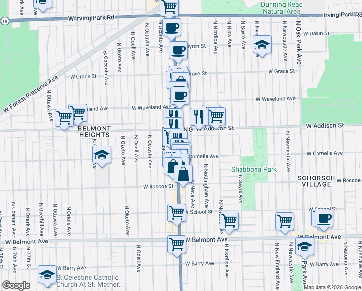 map of restaurants, bars, coffee shops, grocery stores, and more near 3540 North Harlem Avenue in Chicago