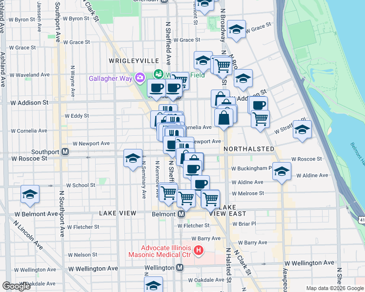 map of restaurants, bars, coffee shops, grocery stores, and more near 914 West Newport Avenue in Chicago