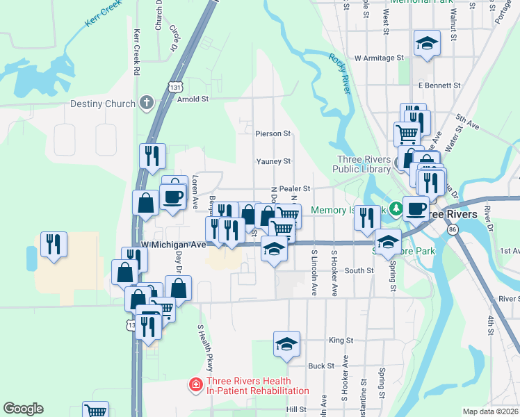 map of restaurants, bars, coffee shops, grocery stores, and more near 211 North Erie Street in Three Rivers