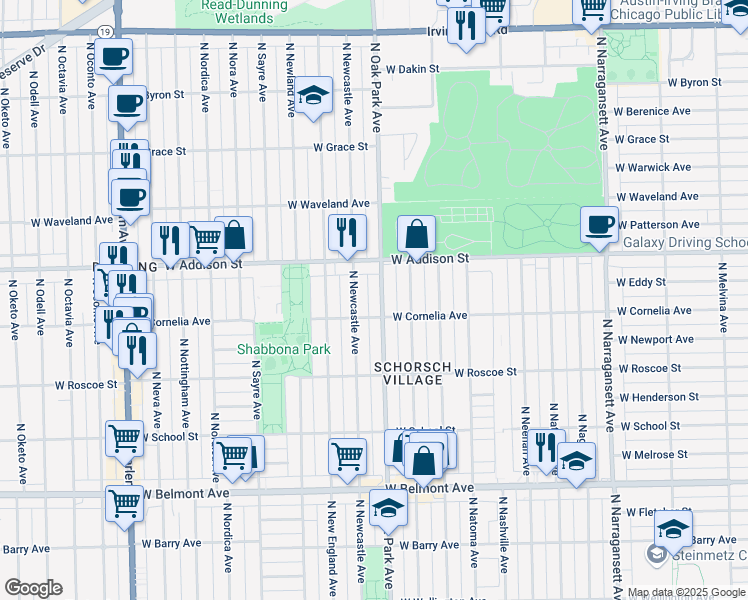 map of restaurants, bars, coffee shops, grocery stores, and more near 3526 North Oak Park Avenue in Chicago