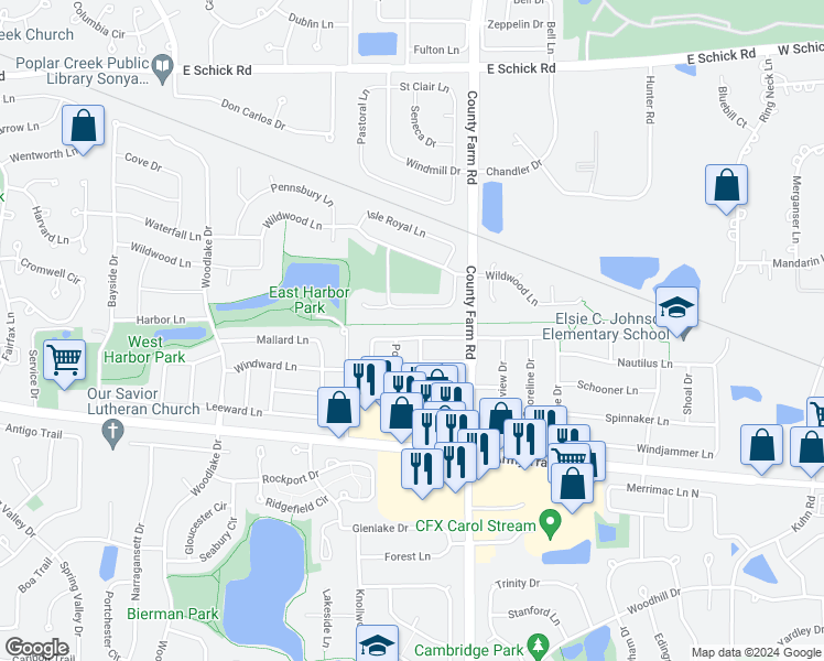 map of restaurants, bars, coffee shops, grocery stores, and more near 1894 Nautilus Lane in Hanover Park