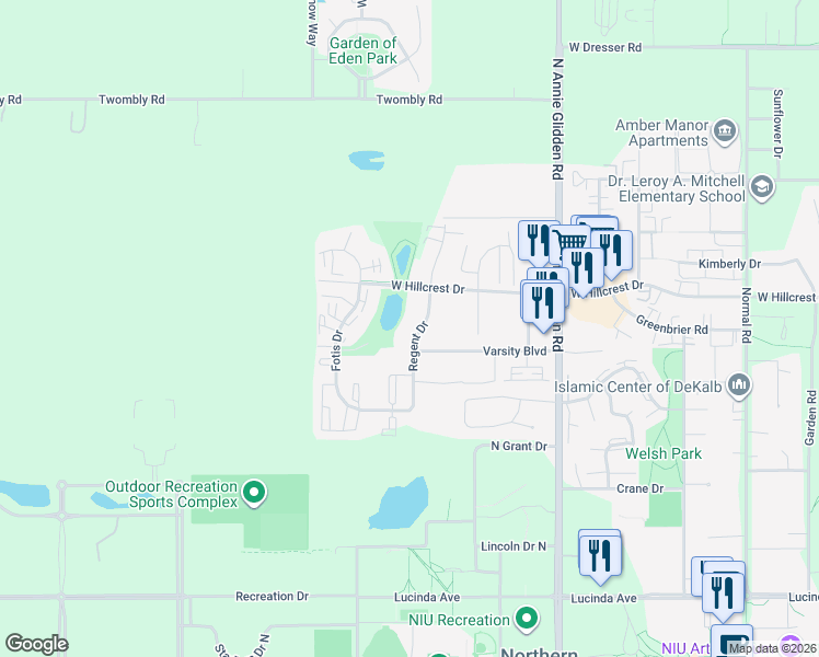 map of restaurants, bars, coffee shops, grocery stores, and more near 885 Regent Drive in DeKalb