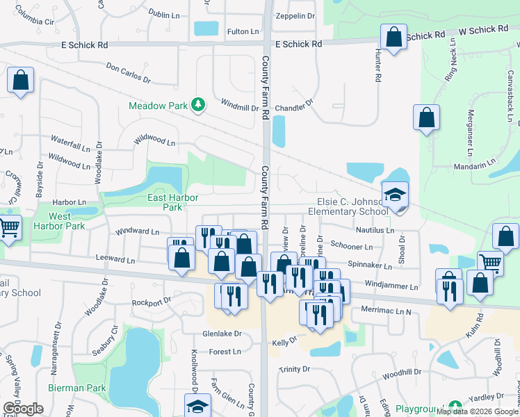 map of restaurants, bars, coffee shops, grocery stores, and more near 1822 Nautilus Lane in Hanover Park