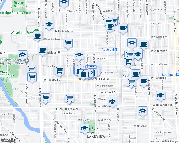 map of restaurants, bars, coffee shops, grocery stores, and more near 3433 North Seeley Avenue in Chicago