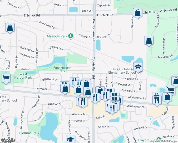 map of restaurants, bars, coffee shops, grocery stores, and more near 1822 Nautilus Lane in Hanover Park