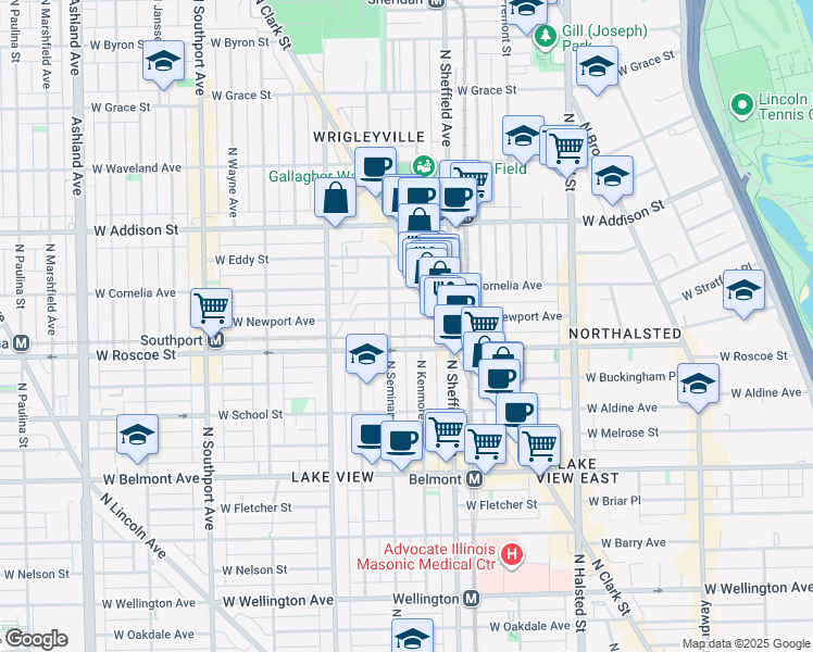 map of restaurants, bars, coffee shops, grocery stores, and more near 1030 West Newport Avenue in Chicago